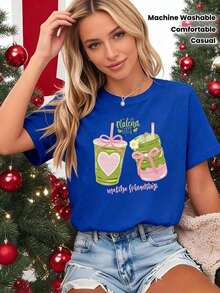 GiftCamia Women's Matcha Latte Print Top - Tea Design, Short Sleeve, Round Neck, Casual Top For Spring, Summer, And Christmas Parties, Iconic Matcha Quotes, Machine Washable, Comfortable Clothing For Fans, Women's Camisoles, Vintage Washed Camisole For Ladies, Valentine's Day Gift, Soft Washed Cotton Camisole With Heart Print, 100% Cotton - 藍色的 - 查看 1