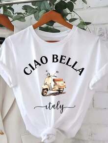 Women's T-Shirt With Ciao Bella And Map Of Italy Print - Short Sleeve T-Shirt With Italian Citrus Tree Print, Casual Round Neck Blouse For Spring Summer Outfits, Italian Themed Clothing - 白色 - 查看 1
