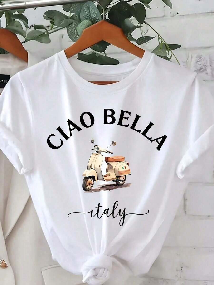 Women's T-Shirt With Ciao Bella And Map Of Italy Print - Short Sleeve T-Shirt With Italian Citrus Tree Print, Casual Round Neck Blouse For Spring Summer Outfits, Italian Themed Clothing - 白色 - 查看 1