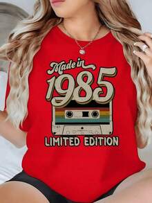 100% Cotton Retro Cassette With Multicolored Tapes And "Made In 1985" Text Evoking Eighties Nostalgia. Limited Edition Women's T-Shirt, 100% Cotton, 220g. Women's Simple Solid Color T-Shirt, Loose And Slim Fit Casual Short Sleeve - 紅色的 - 查看 11