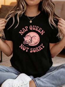 100% Cotton. T-Shirt With "NAP NOT SORRY" Letter Print, Short Sleeves And Round Neck, Casual Top For Summer And Spring, Women's Clothing. Women's Simple Solid Color T-Shirt, Loose And Slim Fit Casual Short Sleeve - 黑色 - 查看 1
