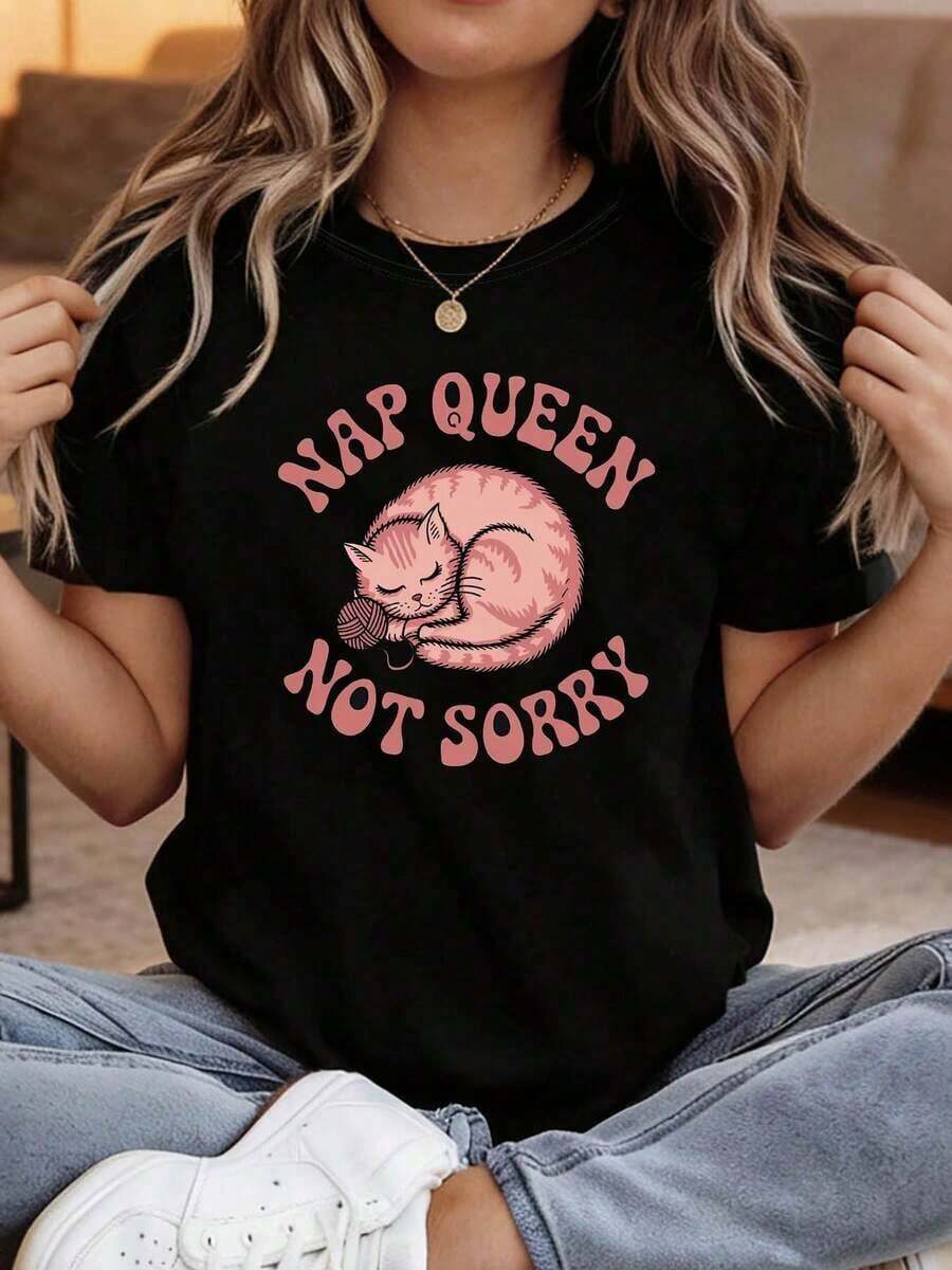 100% Cotton. T-Shirt With "NAP NOT SORRY" Letter Print, Short Sleeves And Round Neck, Casual Top For Summer And Spring, Women's Clothing. Women's Simple Solid Color T-Shirt, Loose And Slim Fit Casual Short Sleeve - 黑色 - 查看 1