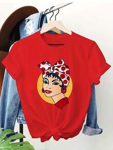 Lady, Elegant Party Outfit, T-Shirt For Elegant Ladies, Blouses Suitable For Curvy Women, Casual Clothing, Cool And Sweat-Free Clothing In Summer, Fun Letter Print - 紅色 - 查看 6