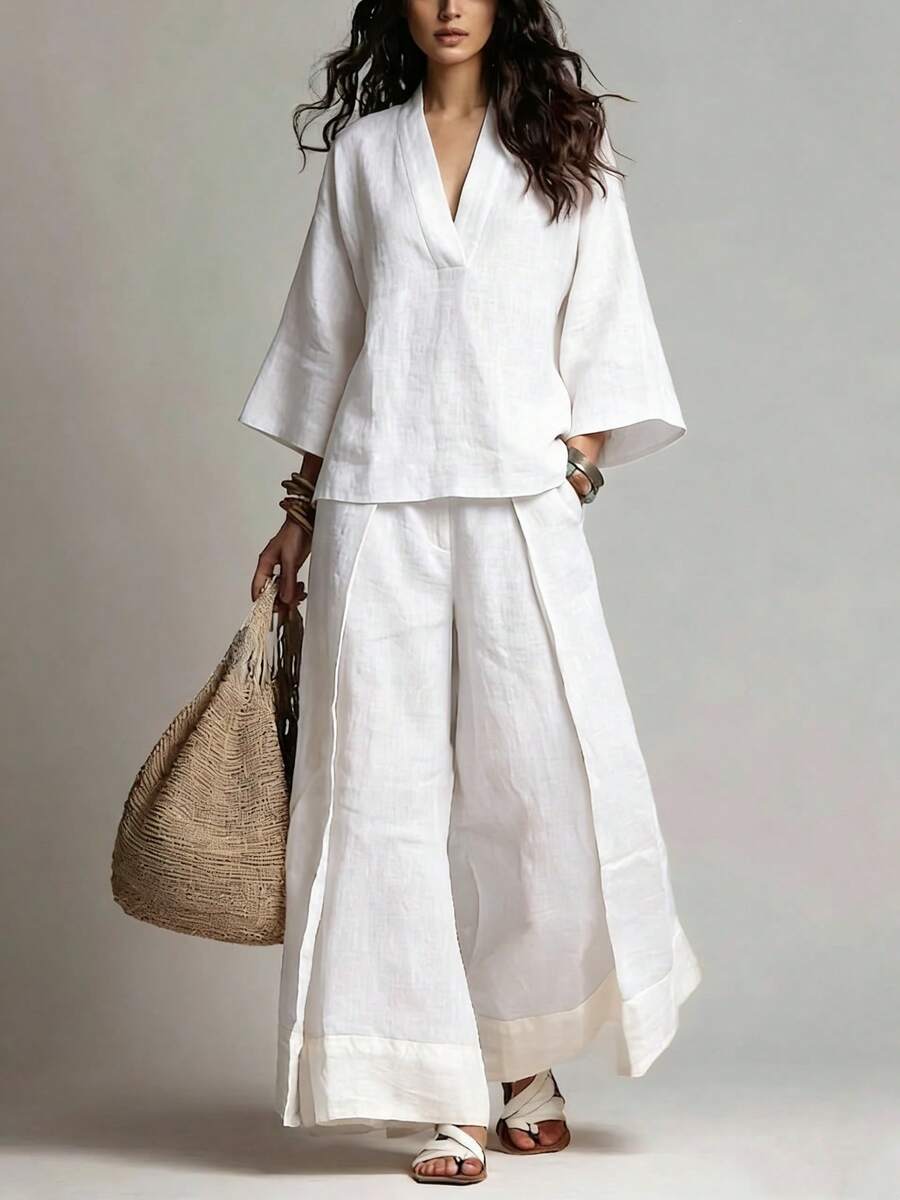 Women's Linen Set, V-Neck Short Sleeve Blouse + Wide Leg Pants, Multiple Colors Available, Spring/Summer Casual Wear - 白色 - 查看 1