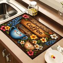 1pc Coffee Pattern Printed Absorbent Dish Drying Mat, Espresso Machine Countertop Absorbent Mat, Sink Drainage Mat, Soft Faucet Absorbent Mat, Bathroom Sink Cup Mat, Kitchen & Bathroom Accessories - Multicolor - View 6