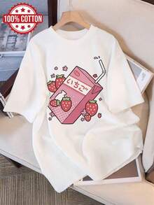 Women's Summer Clothes, Casual Blouses For Women, Cute Style, Strawberry Milk Carton Print, Short Sleeve, Round Neck, Pure Cotton T-Shirt [LangK] Women's Blouses - 白色 - 查看 7