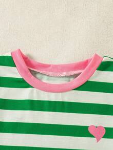 2pcs/Set Girls Casual Striped Print Decor Raglan Sleeve Top And Solid Color Shorts Set, Spring/Summer - Green - View 3