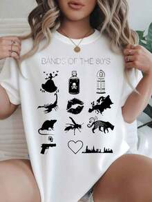 Soft 100% Cotton Women's Short-Sleeved Casual T-Shirt - Summer T-Shirt With A Round Neck, Printed With 80s Band Icons And Symbols, Machine Washable, Ladies' T-Shirts, Casual Wear, Modern Look, Comfortable Fit.
Breathable White Cotton T-Shirt, Goes With Everything And Looks Great. - 白色 - 查看 1