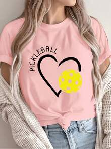 Camiseta de Verano Premium para Mujer con Estampado de Pickleball - Suéter Casual Suave y Elástico con Estampados de Corazones y Pelotas, Top Deportivo Lavable a Máquina, Adecuado para Uso Diario en Primavera y Otoño, Camiseta de Ajuste Cómodo. - Blanco - Ver 9
