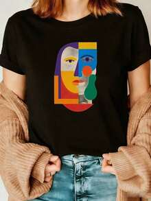Wo's Premium And Elegant White T-Shirt, Decorated With Geometric Facial Patterns In A Combination Of Purple, Yellow, Red, Orange, And Blue Blocks, Accented With Green Teardrops And Red Circular Details. Paired With Blue Jeans And A Beige Cable-Knit Sweater Belt, This Casual And Stylish T-Shirt Is Perfect For Everyday Wear. A New Women's Summer T-Shirt, Casual And Comfortable With A Round Neck. Great Gift Idea. - 黑色 - 查看 7