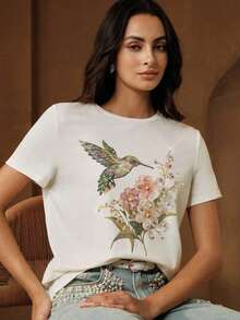 Women's Printed T-Shirt, New Summer T-Shirt For Women, Casual, Beaded, Hummingbird And Flower Print, Round Neck, Short Sleeve, Soft Style, Versatile, Slim Fit, Casual Summer Top. - 白色 - 查看 9