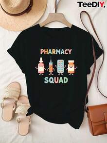 Camiseta Deportiva Casual para Mujer con Gráficos Coloridos de Farmacia - Camiseta Negra Elástica de Cuello Redondo, Lavable aáquina, Ajuste Cómodo para Todas las Estaciones, Perfecta para Uso Diario y Actividades al Aire Libre. - Negro - Ver 6