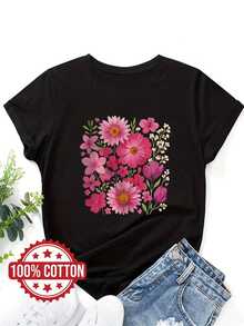 Camiseta Deportiva Casual para Mujer en Negro con Colorido Diseño Floral - Camiseta Elástica de Cuello Redondo, Lavable aáquina, Ajuste Cómodo, para Todas las Estaciones, Perfecta para Combinar con Pantalones Cortos de Mezclilla. - Negro - Ver 1