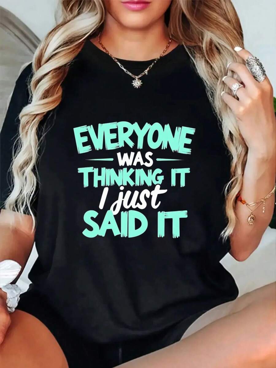 Women's Plus Size Casual Printed T-Shirt "Everyone's Thinking Of Me, I'm Just Saying It" Bright Green With Black Print, Crew Neck, Short Sleeve, Regular Fit, Machine Washable. Plus Size T-Shirt For Women, Suitable For All Seasons, Loose Fit, Soft Texture - Unisex, Ideal For Casual Everyday Outings, Short Sleeve Summer T-Shirt, Retro Y2K Print T-Shirt. - 黑色 - 查看 1
