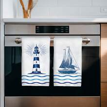 2pcs Blue Ocean Lighthouse, Sailboat & Wave Pattern Kitchen Towels, Rectangular Super Soft Microfiber Kitchen Towels, Dish Cloths, Cleaning Rags, Hand Towels, Cooking Baking Tea Towels, Kitchen Decor, Housewarming Gift, Birthday Gift, Bathroom Cleaning Wipes, Decorative Towels - Multicolor - View 5