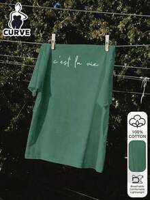 Plus Size Letter Print Casual 100% Cotton Short Sleeve Top, Outdoor Wear, Graphic Tee, Summer T-Shirt, Women's Tee, Summer Blouse, Vacation Outfit, Travel Style, Beach Vibe, Minimalist Resort Wear - 綠色 - 查看 5
