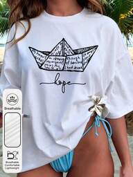 Plus Size Women Paper Boat Graphic Round Neck Short Sleeve Casual Minimalist Style White T-Shirt, Summer