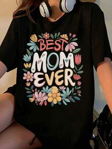 Women's Floral Design T-Shirt "World's Best Mom" - Mother's Day Gift - Cute Summer T-Shirt With Colorful Flower And Leaf Print - Soft Cotton T-Shirt [Suitable For Casual And Sports Activities] - 黑色 - 查看 7
