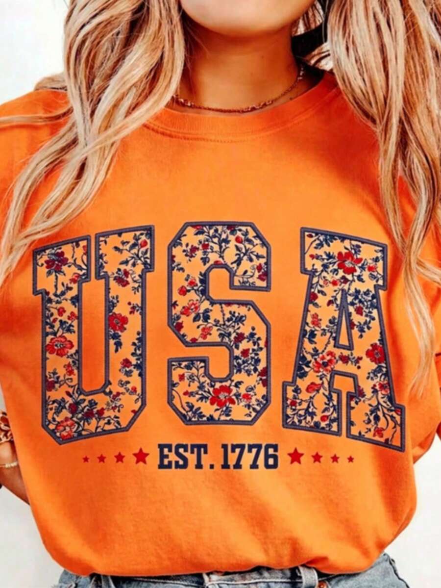 Floral USA Shirt, Retro America Shirt, 4th Of July PNG, 4th Of July, Retro USA ,Soft Cotton, Unisex Fit, Classic Design-Loose-Fit Easy Relaxed Styl - 橘色 - 查看 1