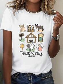 Women's T-Shirt With Christmas Nativity Story Design - True Story - Religious Red T-Shirt For Parties - Comfortable Crew Neck T-Shirt For All Seasons, Suitable For Church, Family Gatherings And Casual Wear - Machine Washable Short Sleeve T-Shirt, Christmas Themed Clothing, Soft Cotton T-Shirt - 白色 - 查看 1