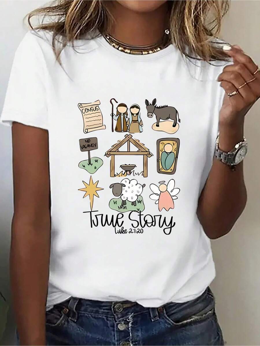 Women's T-Shirt With Christmas Nativity Story Design - True Story - Religious Red T-Shirt For Parties - Comfortable Crew Neck T-Shirt For All Seasons, Suitable For Church, Family Gatherings And Casual Wear - Machine Washable Short Sleeve T-Shirt, Christmas Themed Clothing, Soft Cotton T-Shirt - 白色 - 查看 1