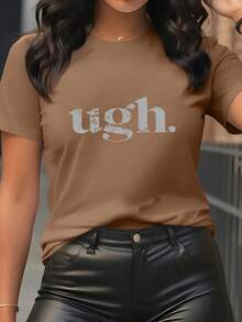 Women's Letter Print T-Shirt, Short Sleeves And Round Neck - Casual Sporty Style, Soft And Breathable, 95% Polyester Fiber, 5% Spandex, 180g, Unique And Modern,  Hip-Hop Style, Simple And Versatile, Full Of Urban Style, Cool And Elegant, Short Sleeves For Autumn And Winter. - 黑色 - 查看 8
