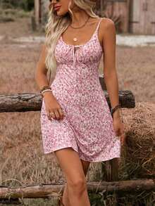 Vestido corto casual sin mangas con estampado floral pequeño para vacaciones y playa - Rosa - Ver 3