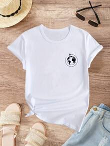 Women's Oversized Short Sleeve T-Shirt - Summer Blouse With Round Neck And Earth Travel Print - Casual Loose Fit T-Shirts Suitable For Travel And Casual Wear - Comfortable Machine Washable Top - [白色的] - 查看 6