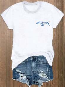 Women's Casual Short-Sleeved T-Shirt, Printed With The "East Coast Lighthouse" Design, 180G, Pure Cotton T-Shirt, Lightweight And Comfortable Fabric, Printed T-Shirt, Round Neck, Regular Fit, Classic T-Shirt For Gift. - 白色 - 查看 1