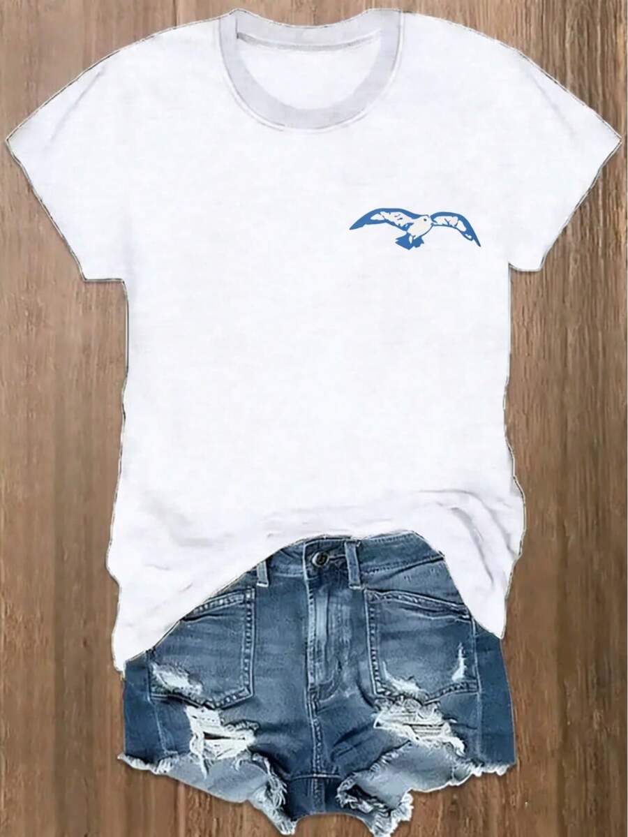 Women's Casual Short-Sleeved T-Shirt, Printed With The "East Coast Lighthouse" Design, 180G, Pure Cotton T-Shirt, Lightweight And Comfortable Fabric, Printed T-Shirt, Round Neck, Regular Fit, Classic T-Shirt For Gift. - 白色 - 查看 1