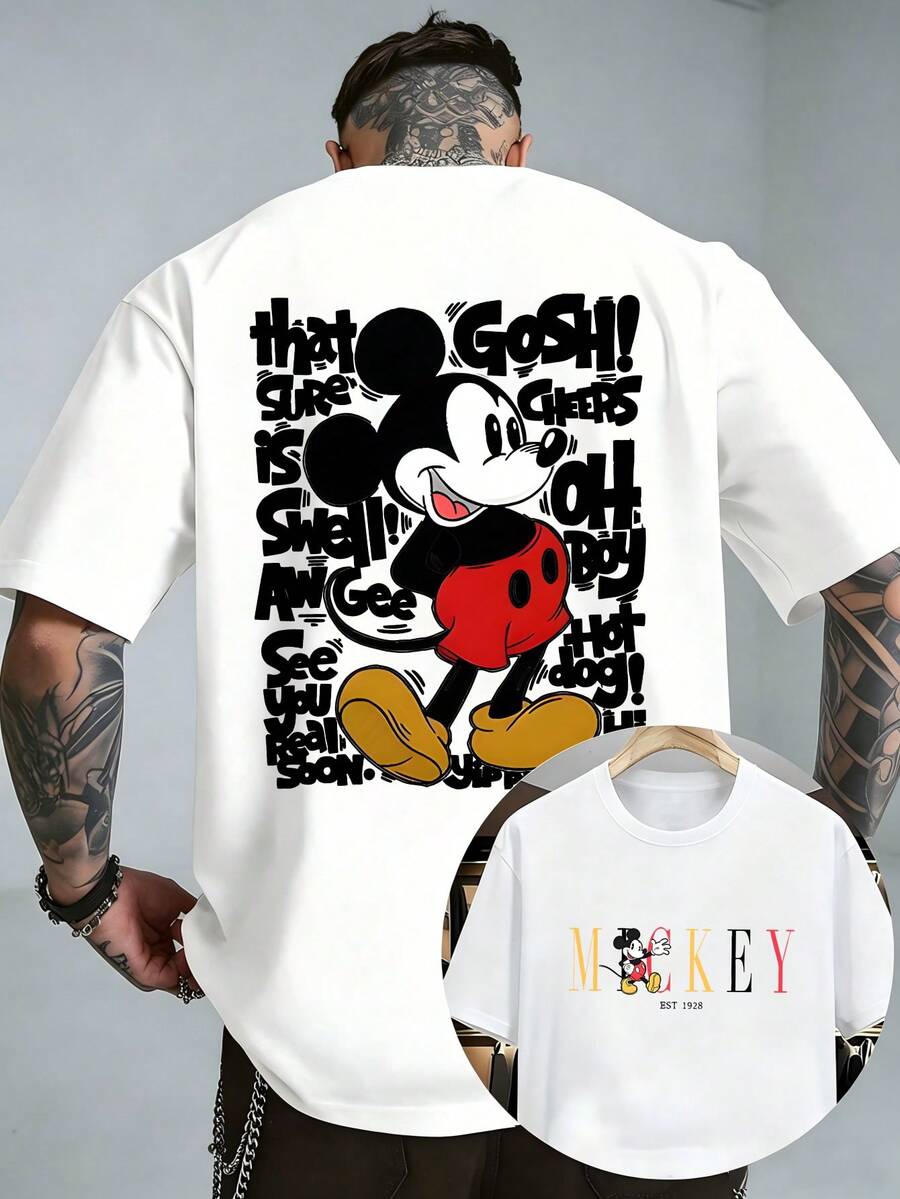 Officially Licensed Disney Vintage Mickey Mouse EST 1928 Retro Quote Text Graphic T‑Shirts For Men 100% Cotton Short Sleeve Crew Neck Classic Cartoon Oversized Streetwear Tee Old School Typography Summer Casual Daily Nostalgic Outfit - trắng - Xem 1