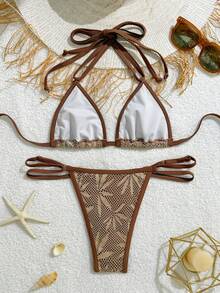 Bộ bikini tam giác màu nâu viền ren họa tiết lá cọ, quần bikini hai dây buộc bên hông, 2 món đồ bơi đi biển. - Nhiều màu - Xem 3