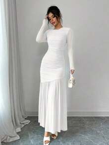 Vestido largo de manga larga con cuello redondo y malla para mujer, vestido casual de otoño.Adecuado para ropa de otoño, atuendo de regreso a clases, atuendo de maestro - Blanco - Ver 7
