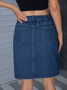 Minifalda de tubo de mezcla de algodón para mujer, de unicolor, con bolsillo, adecuada para todas las estaciones y uso casual en verano - Azul lavado oscuro - Ver 2