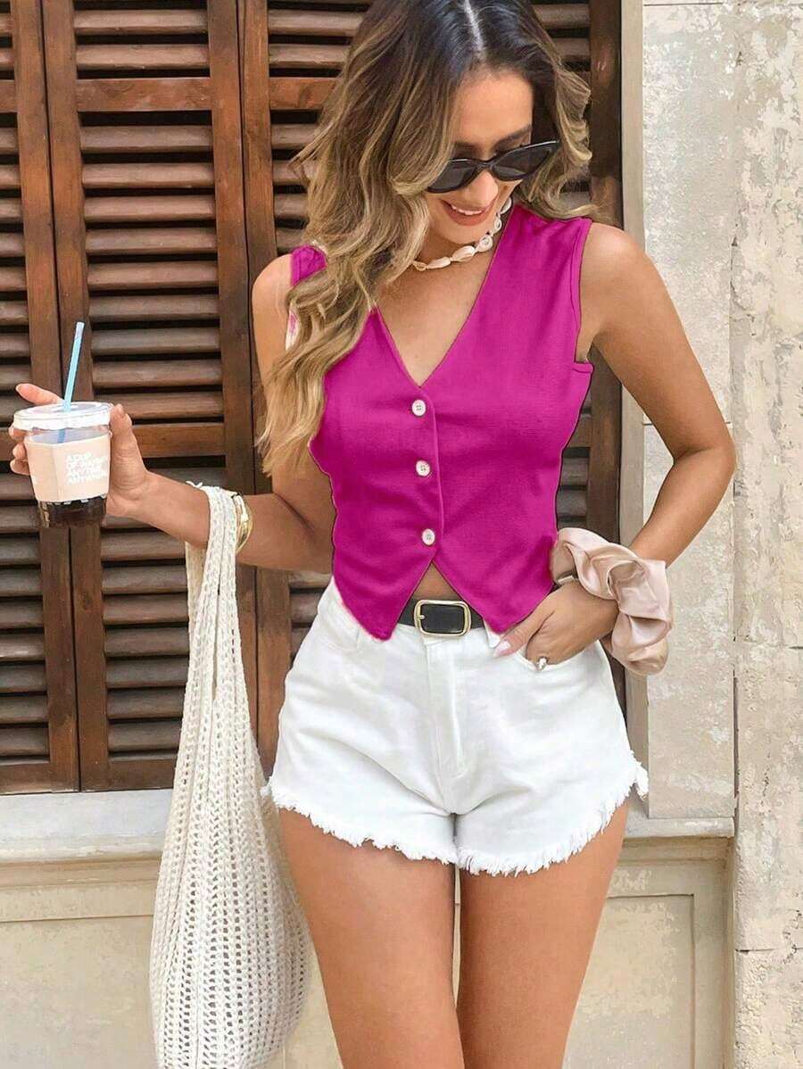 Chaleco sin mangas de mujer con textura de gofre, para uso casual en la oficina, en verano - Rosa Fucsia - Ver 1