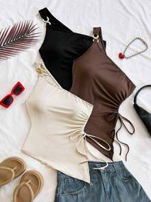 Conjunto de 3 piezas de camisolas de tirantes finos, ajustadas, con abertura, cordón y fruncido, para mujer, para vacaciones de verano, en color albaricoque, marrón y negro, adecuado para fiesta, cita, San Valentín, Pascua, carnaval, té de la tarde - Multicolor - Ver 3