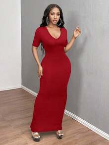 Vestido ajustado corto de manga corta con cuello en V liso para baile de graduación - Burdeos - Ver 5