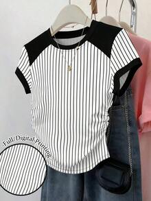 Set de 3 blusas de mujer con estampado de rayas, cuadros y gráficos, de manga corta y con efecto de cintura ceñida - Multicolor 12 - Ver 6