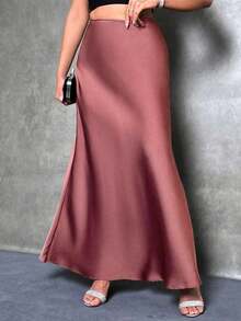 Falda de estilo de cola de sirena de unicolor para mujer, falda de satén, falda larga elegante, adecuada para fiestas y uso diario - Color caoba - Ver 4