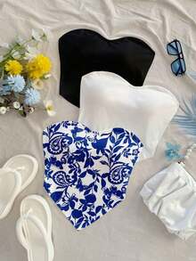 3 Piezas Camiseta corta casual con estampado de mariposa y diseño, bajo asimétrico, apta para vacaciones, playa, verano - Multicolor 3 - Ver 3