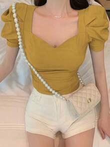 Blusa de unicolor con cuello de corazón y mangas abullonadas, blusas de manga corta, tops de verano lindos para mujer - Amarillo - Ver 4