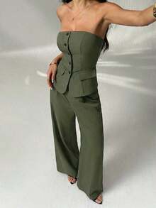 1 Conjunto de Top Camisola Ajustada de unicolor y Pantalones Elegantes para Otoño/Invierno - Verde militar - Ver 3