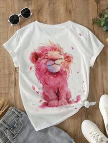 Women's Short Sleeve T-Shirt With Pink Watercolor Lion Print | Women's T-Shirt With Adorable Lion Print, Casual And Youthful Style - DZZ346 - 查看 4