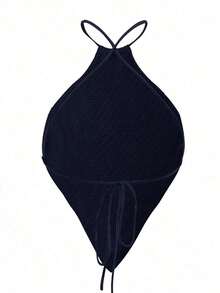 Blusa de punto de mujer de verano con cuello halter, dobladillo asimétrico y unicolor - Azul marino - Ver 2