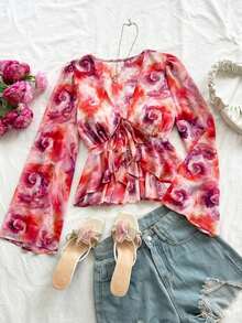 Blusa con escote en V, cintura ajustable con lazo, mangas acampanadas y fruncido en el dobladillo con detalle de volantes. - Multicolor 2 - Ver 5