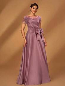 Elegante y lujoso vestido romántico con parches de malla, satén plisado, cuentas y apliques de lentejuelas, manga corta, lazo y dobladillo en línea A, adecuado para fiesta de noche, citas, vacaciones, baile, festival de música, boda, madre de la nov - Rosa vieja - Ver 5