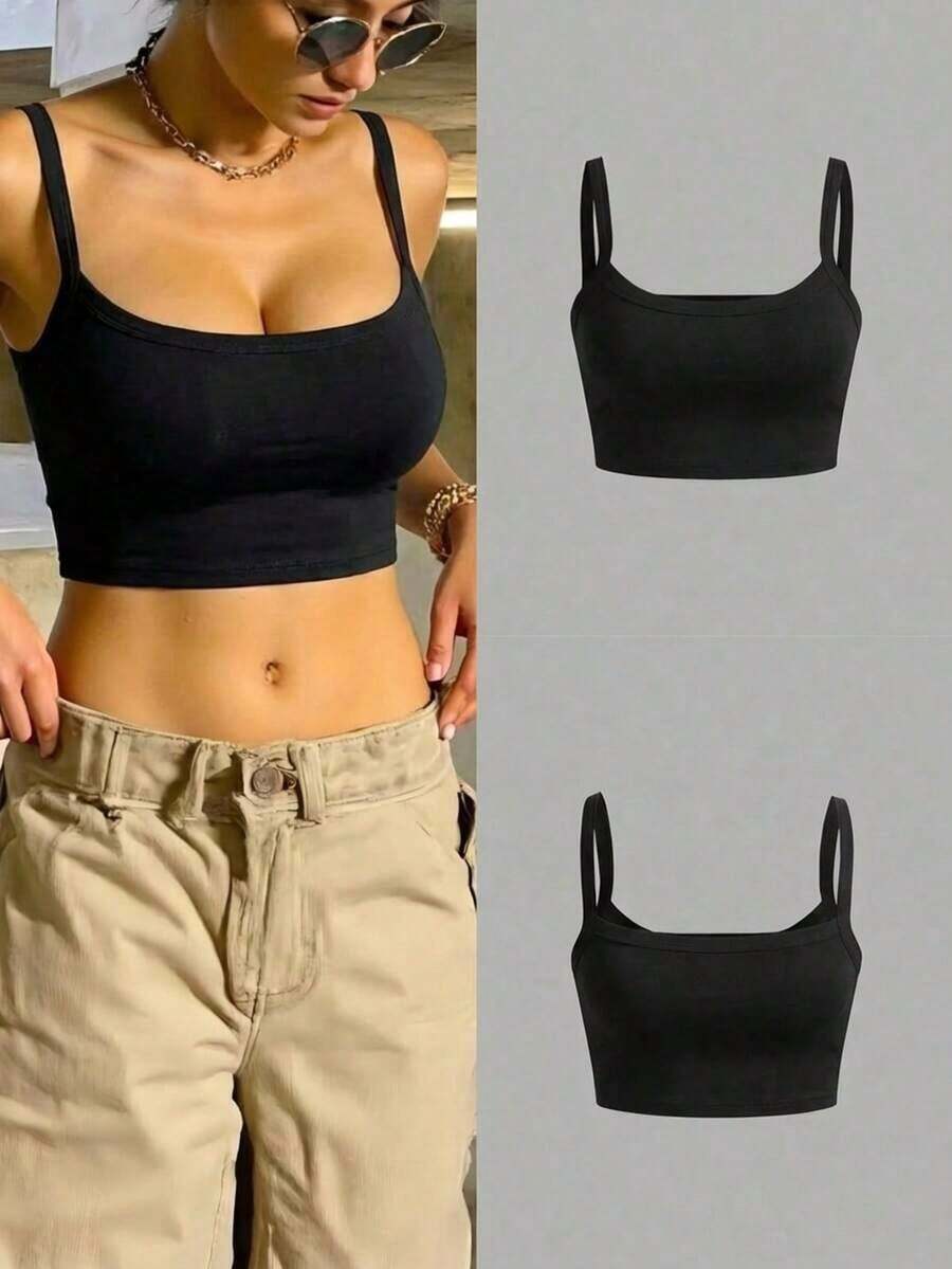 Camiseta corta de tirantes gruesos simple para mujer, adecuada para primavera y verano, estilo casual/streetwear/Y2K, se puede combinar con oficina/hogar/streetwear/discoteca, una opción ideal para blusas casuales de verano en color blanco - Negro - Ver 1