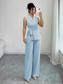 Conjunto elegante y romántico de blazer y corbata de moño para vacaciones y oficina para mujeres - Azul - Ver 4
