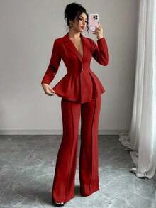 con cintura ceñida elegante, pantalones slim con vuelo de moda para ir al trabajo, atuendo para vacaciones/citas, Día de la Independencia, atuendo de maestra para mujeres - Rojo - Ver 7