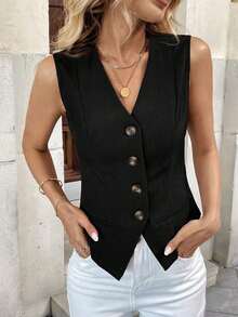 Chaqueta de mujer con diseño elegante francés, cuello en V, sin mangas, con bolsillos falsos - Negro - Ver 4